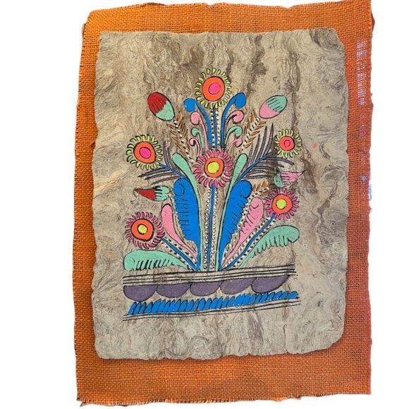 Vintage Mexican Amate Bark Painting – Floral Hand-Painted FOLK ART w/ Burlap Mat - Picture 2 of 16